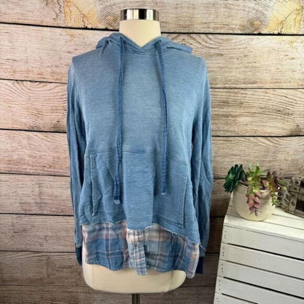 Anthropologie Cloth and Stone Layered Plaid Hoodie Chambray Size Small